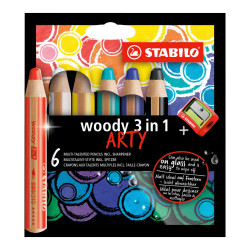 STABILO Buntstifte/Wachsmalstifte woody 3 in 1 ARTY 6er Set + Spitzer