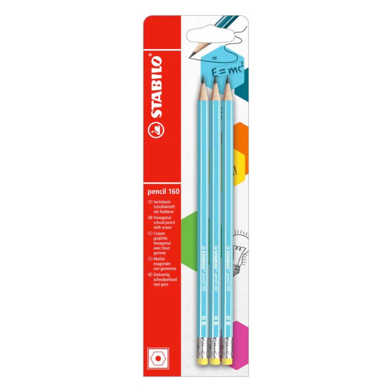 STABILO Schulbleistift pencil 160 mit Radierer 3er Set blau